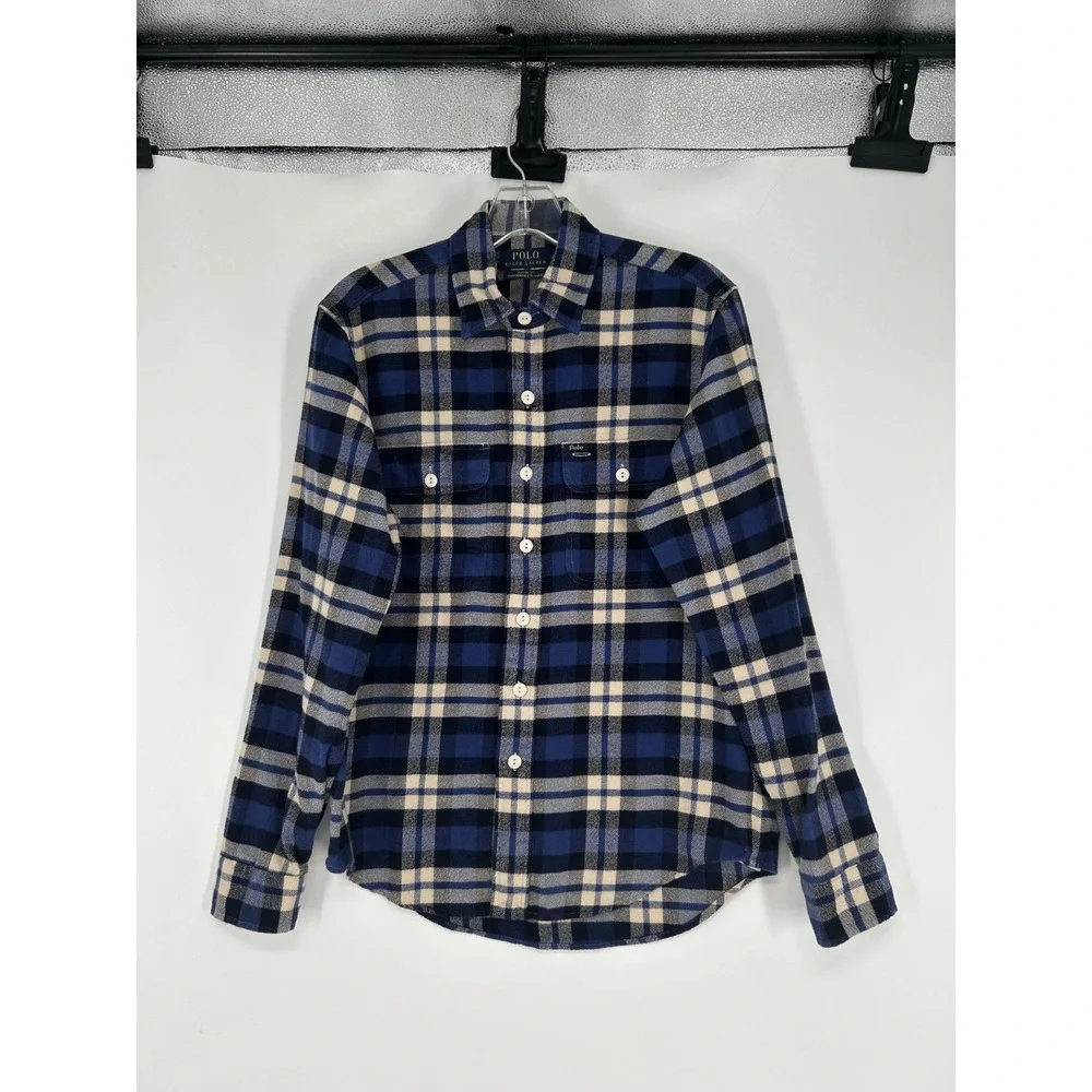 Polo Ralph Lauren Flannel Shirt Men Small White Blue Plaid Performance Button Up